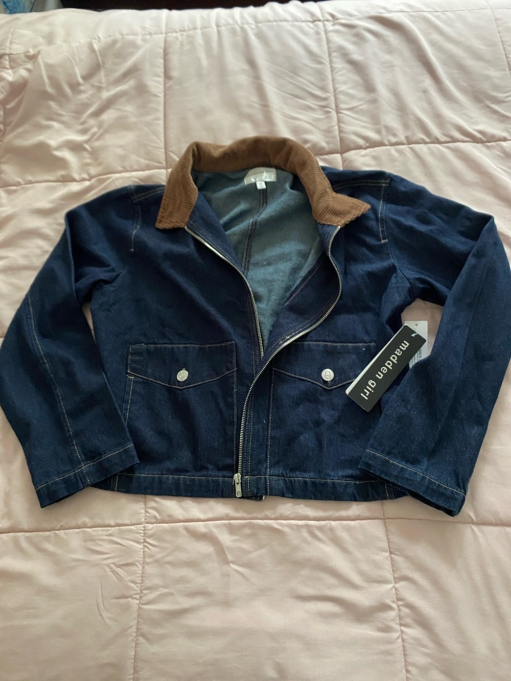 Madden Girl Dark Blue Denim Jacket with Brown Corduroy Collar